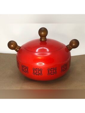 Vintage Red Fondue Pot With Wood Handles